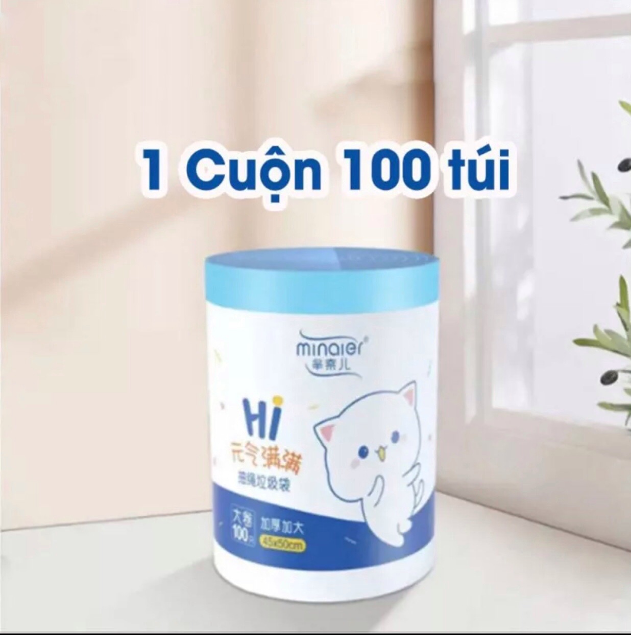 Cuộn 100 túi đựng rác gấu siêu dai, túi rác có dây rút tự hủy sinh học size 45 x 50 cm