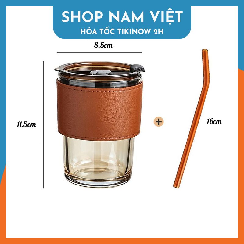Ly Thủy Tinh 360ml Bọc Da Kèm Ống Hút
