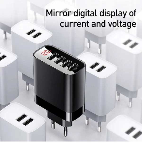 Cóc củ sạc nhanh 30W 4 cổng USB hiệu Baseus Mirror Lake cho điện thoại / máy tính bảng iPhone iPad Samsung Huawei Oppo Xiaomi Vivo (sạc nhanh QC 3.0 &amp; 2.4A / Port USB, Max 6A, LED display) - Hàng nhập khẩu