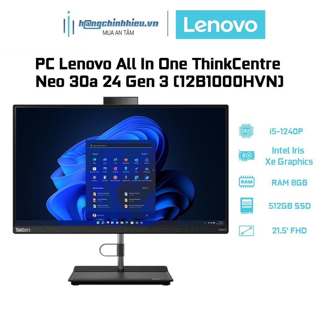 PC Lenovo All In One ThinkCentre Neo 30a 24 Gen 3 12B1000HVN (i5-1240P | 8GB | 512GB | Intel Iris Xe Graphics | 21.5') Hàng chính hãng