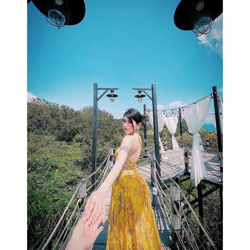 Đầm váy maxi cổ yếm voan lụa mút ngực vàng xanh đan lưng hở lưng xẻ đùi đi biển dự tiệc dạo phố bigsize gợi cảm sexy