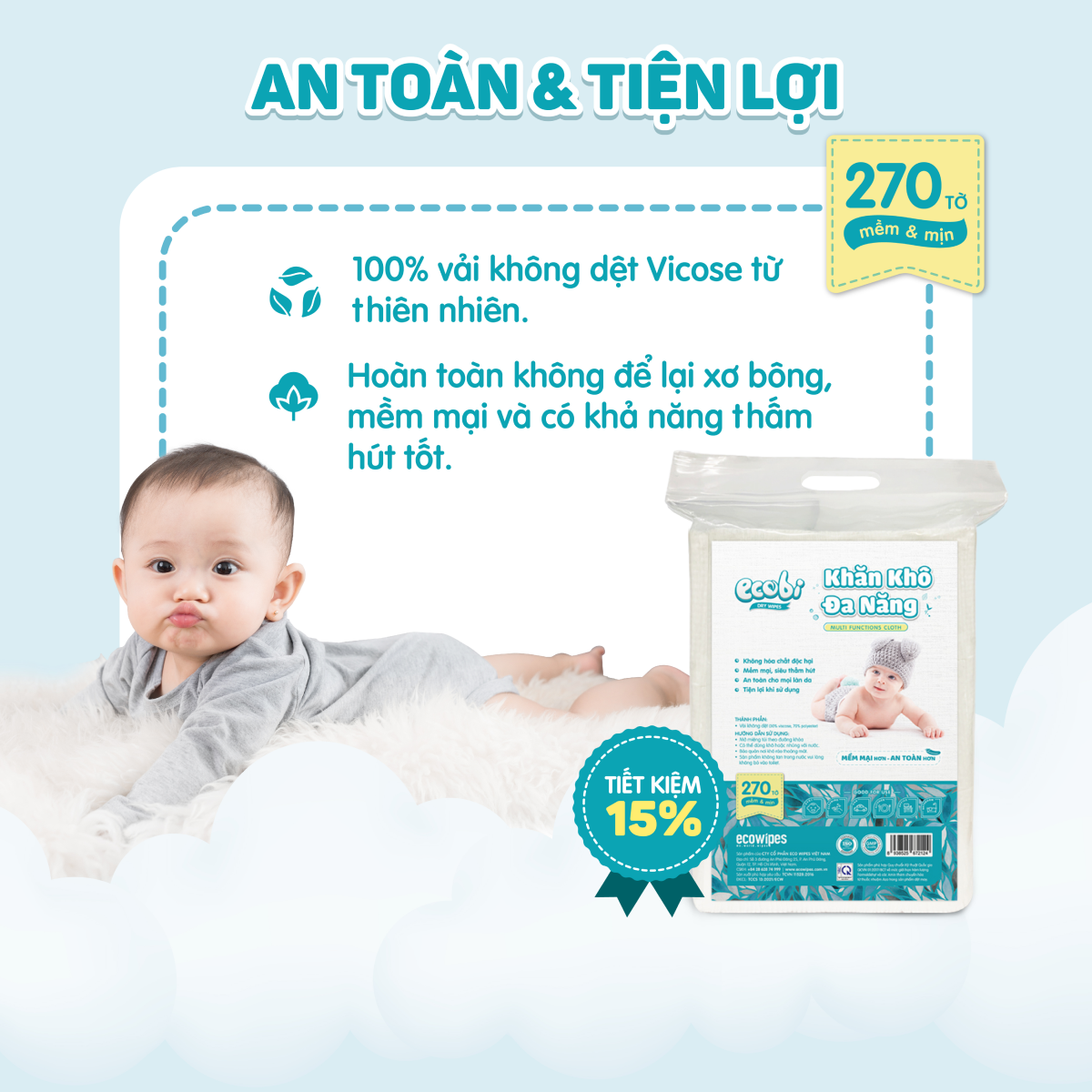 Khăn khô đa năng cao cấp cho bé EcoWipes Ecobi không mùi không paraben an toàn cho da bé