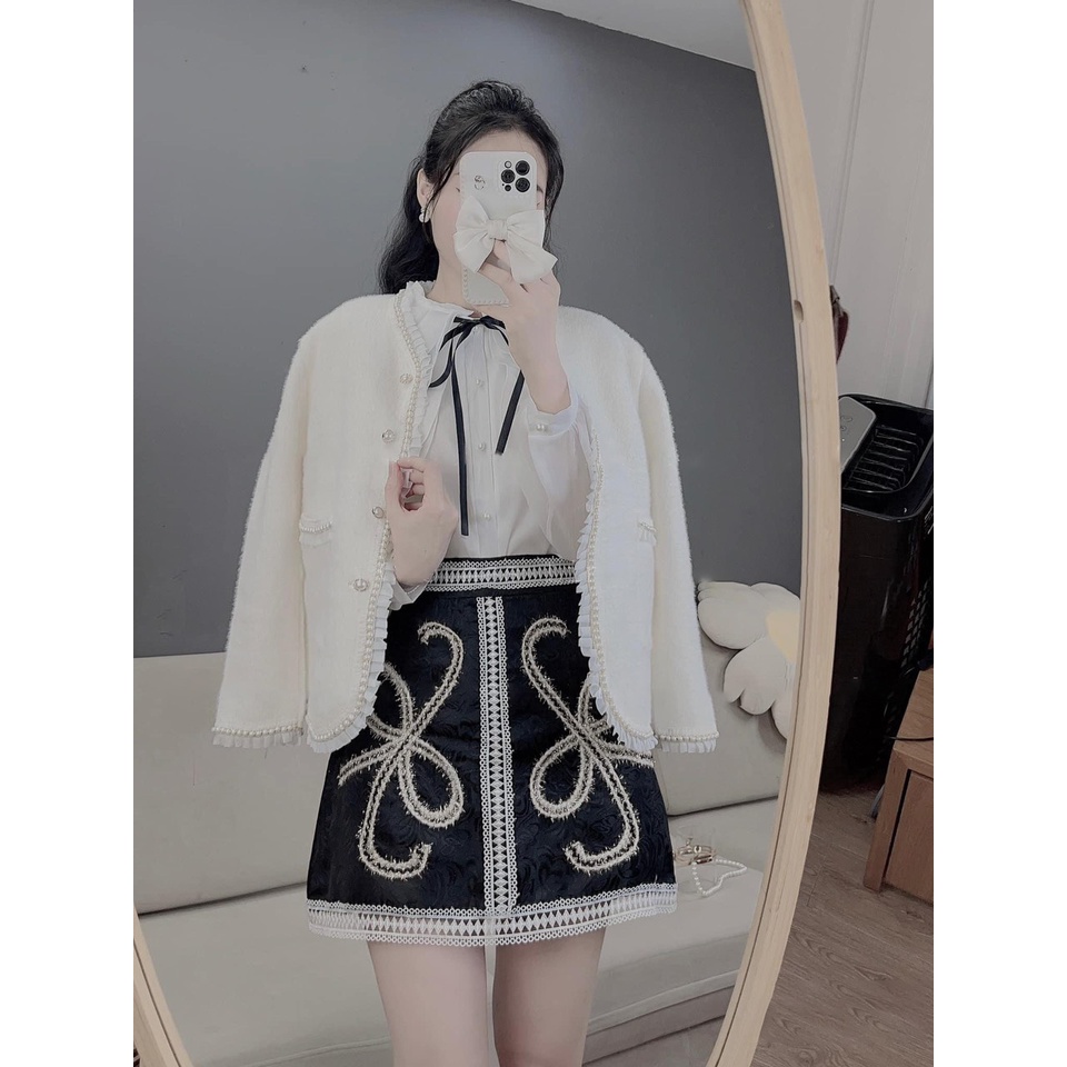 Áo khoác nữ thu đông 2 lớp, áo khoác lông viền dạ cúc ngọc điệu đà trẻ trung
