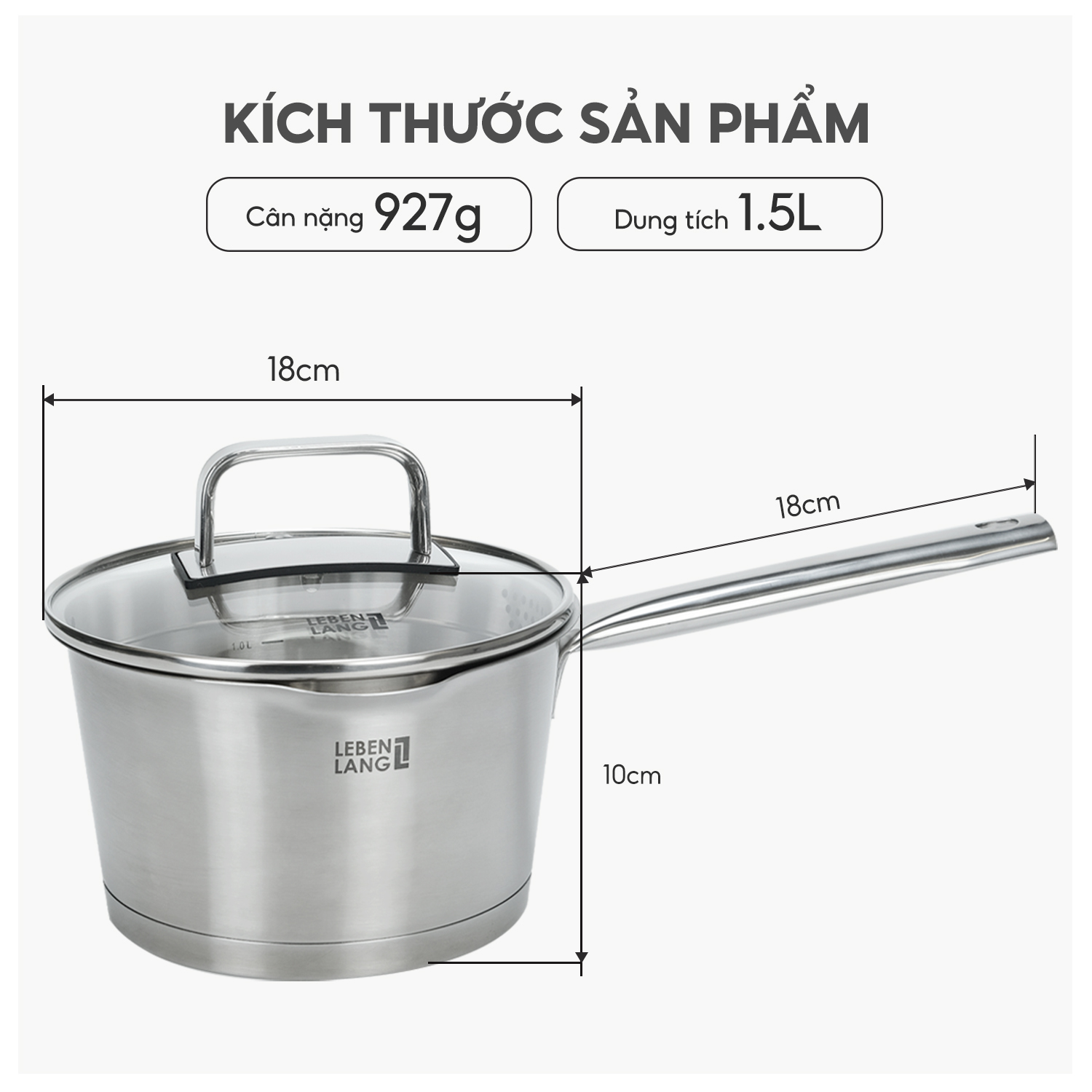 Quánh inox 304 vung kính đáy 3 lớp Lebenlang LBL2528, size 18 có khe chắt nước, dùng cho mọi loại bếp - hàng chính hãng