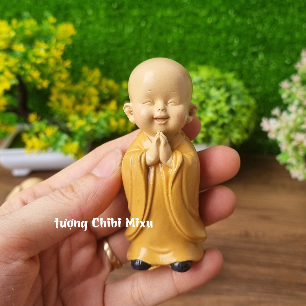 Bộ 03 tượng chú tiểu an nhiên, chú tiểu yêu đời màu áo nâu 8cm