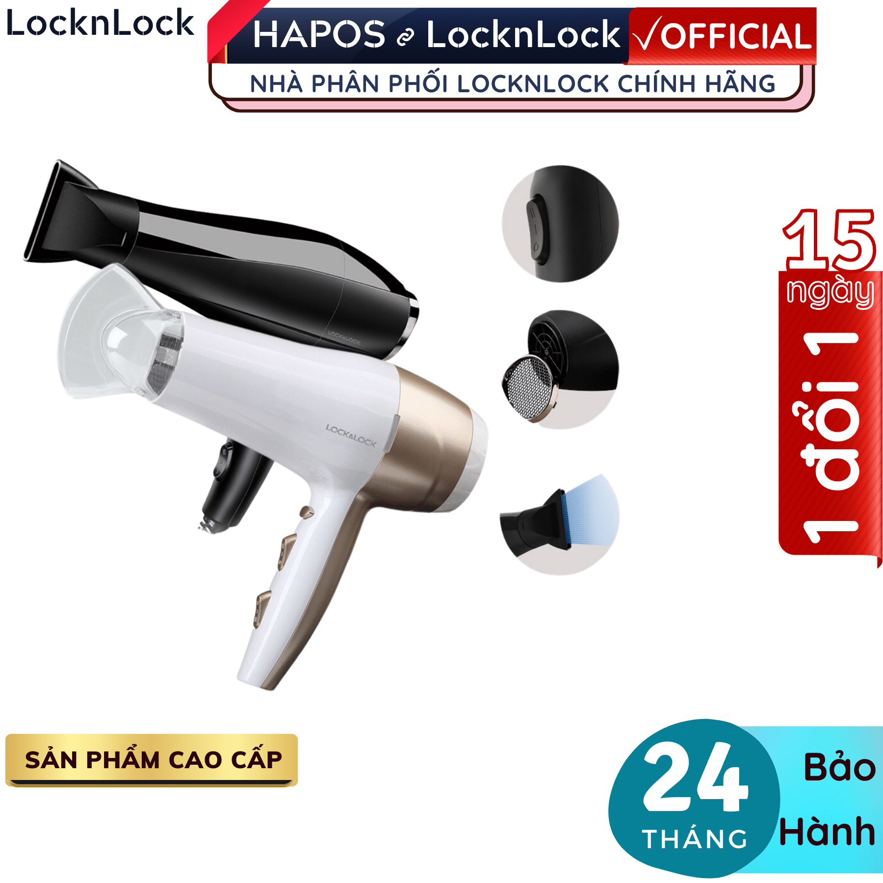 Máy sấy tóc Lock&amp;Lock ENA146BLK 2000W - Hàng chính hãng, chế độ nóng lạnh, kèm đầu dẹp tạo kiểu, công suất lớn - Hapos