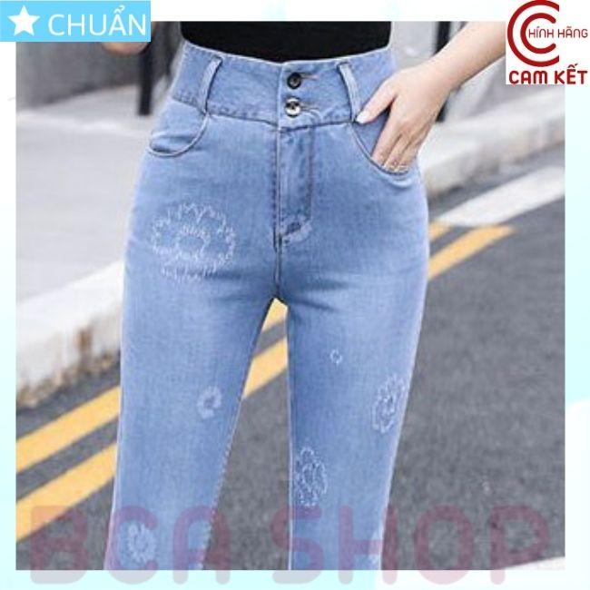 Quần jean nữ ống loe QRO75 ROSATA tại BCASHOP dáng dài thêu hoa, lưng cao 2 nút, phom chuẩn, chất liệu jean cao cấp