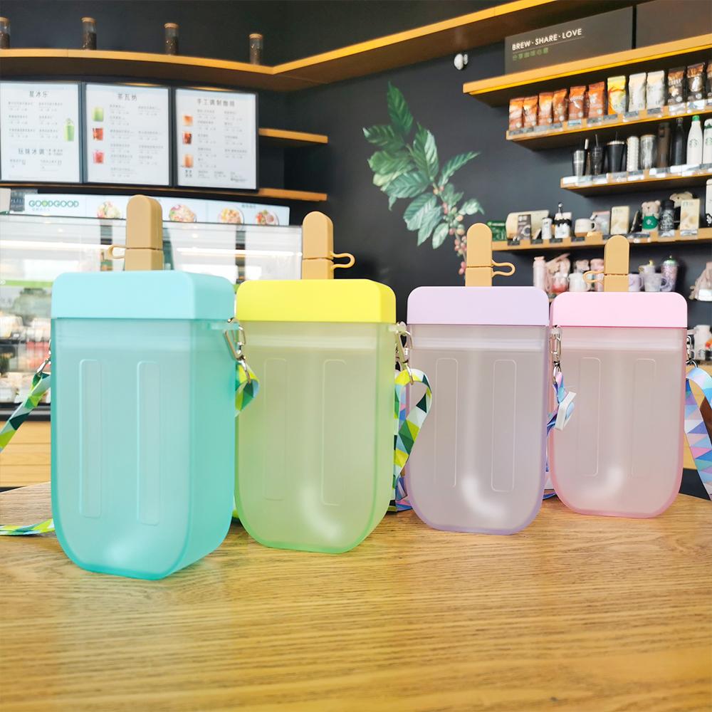 Dễ Thương Popsicle Hình Bình Nước Nhựa Trong Suốt Nước Uống Sinh Viên Cốc Tập Uống Có Dây Đeo Vai Và Ống Hút Cho Người Lớn Kid