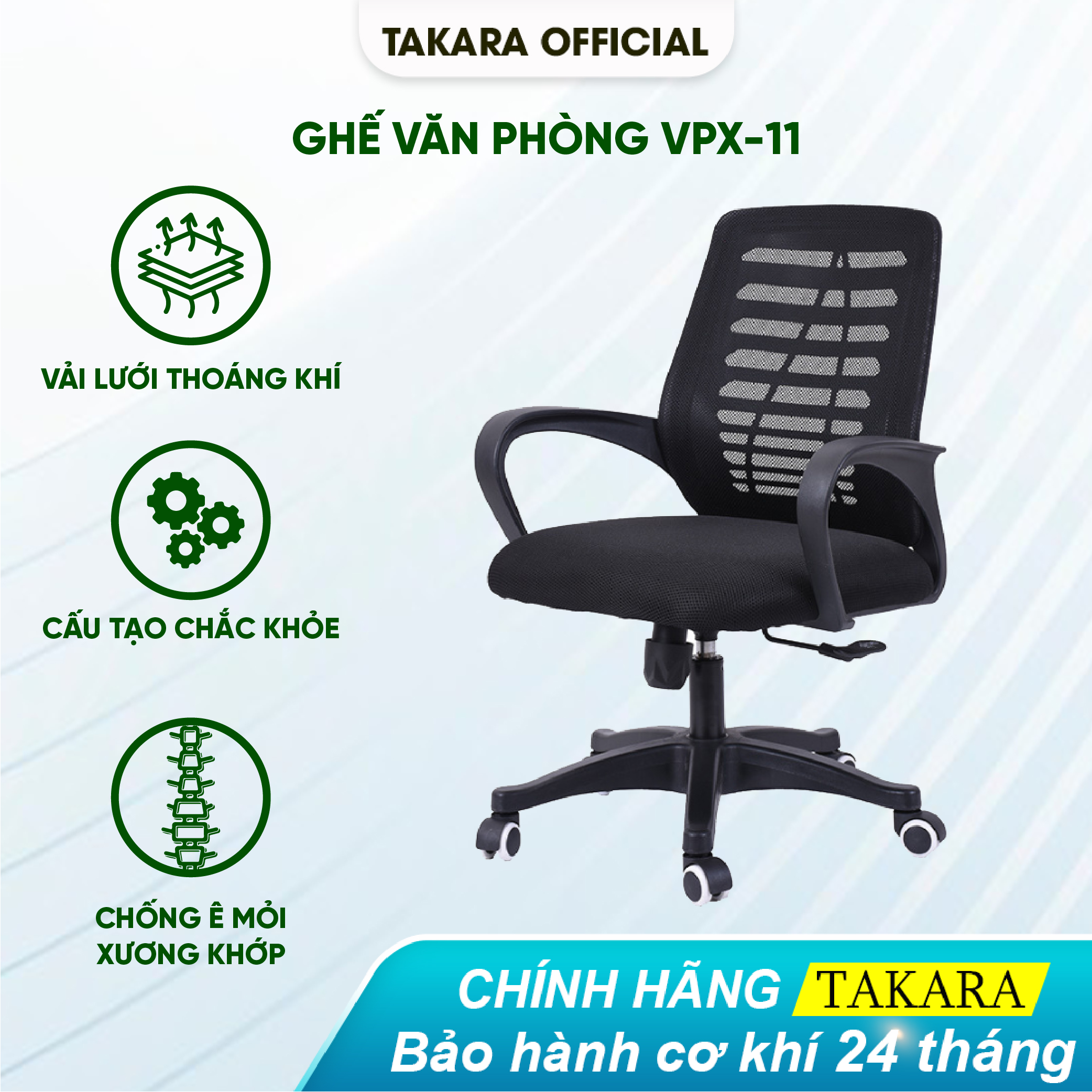 Ghế Xoay Văn Phòng Cao Cấp Takara Lưng Chữ A Xoay 360 độ VPX11, Bánh Xe Trượt, Có Nâng Hạ