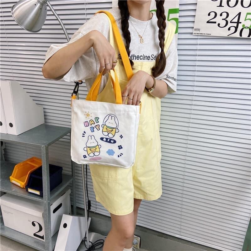 Túi Tote Túi Vải Nữ Canvas đeo chéo Thỏ mini Trắng phong cách Hàn Quốc có dây kéo và ngăn phụ mang được 2 kiểu tiện lợi