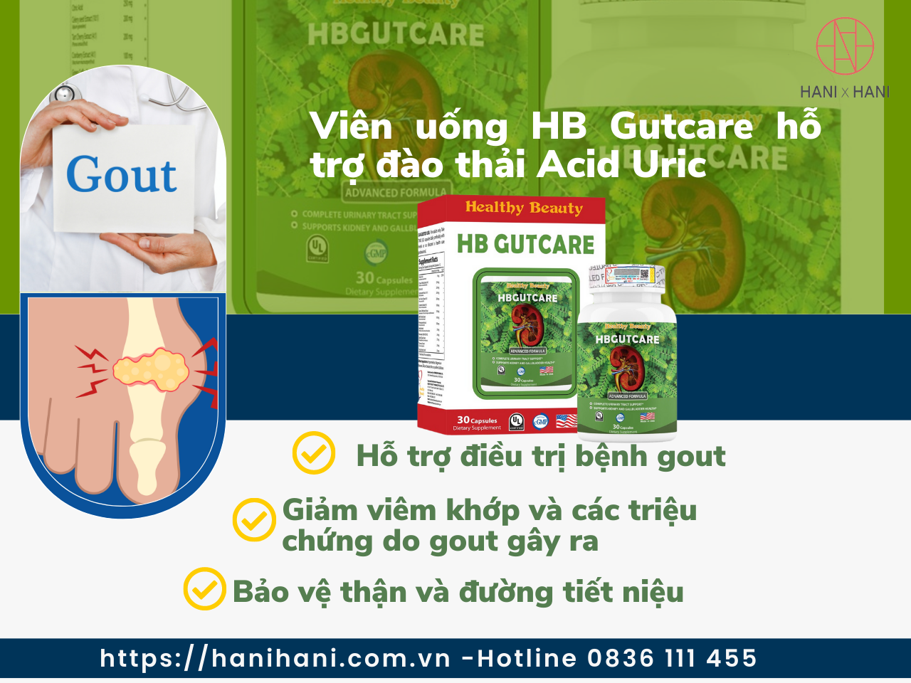 [CHÍNH HÃNG] Viên uống HB Gutcare hỗ trợ đào thải Acid Uric nhập khẩu Mỹ lọ 30 viên 