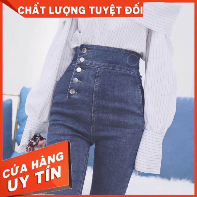 QUẦN JEANS LƯNG CAO TRƠN NÚT HÔNG- jeans siêu mềm giãn