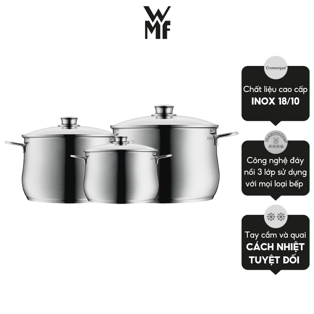 Bộ Nồi WMF DIADEM PLUS 3 Món COOKWARE SET Chất Liệu Thép Không Gỉ Cromargan, Bảo Hành 24 Tháng 0730036040