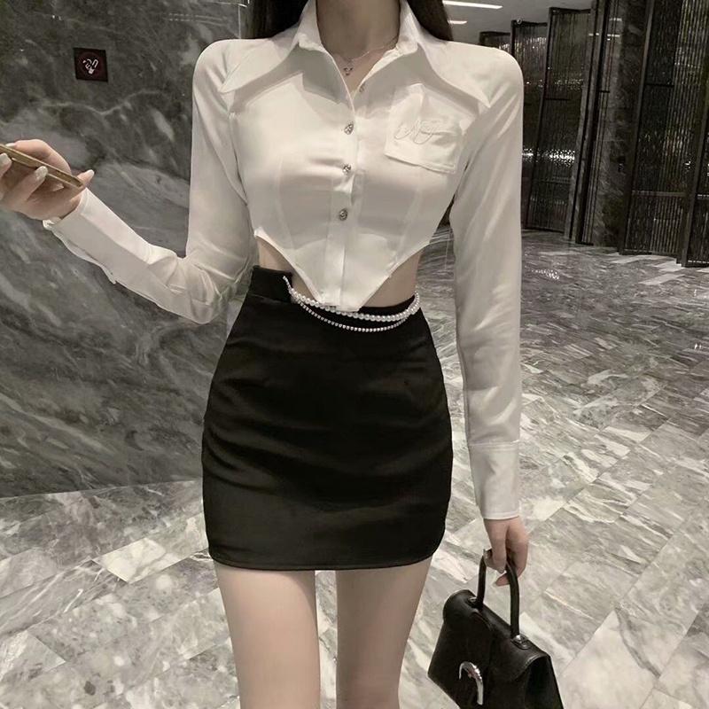 Áo sơ mi nữ khoét eo xinh xắn, áo crotop dài tay vạt nhọn SMVN23