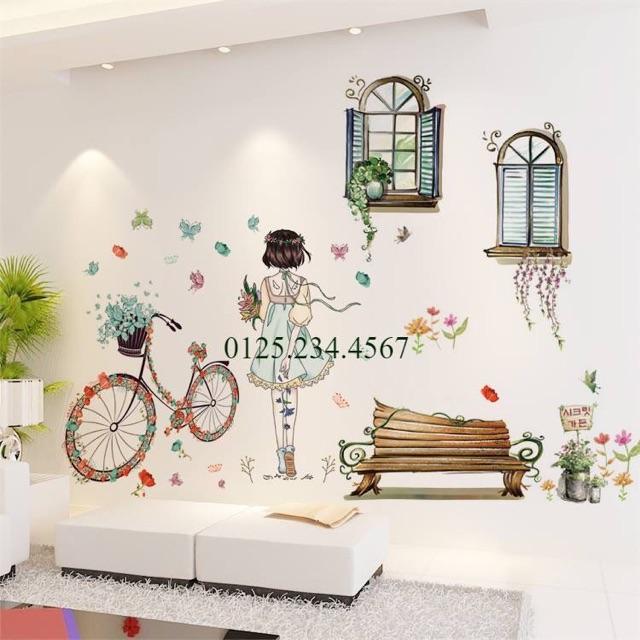 Decal dán tường Combo 2 tranh cô gái xe đạp + khung cửa công viên