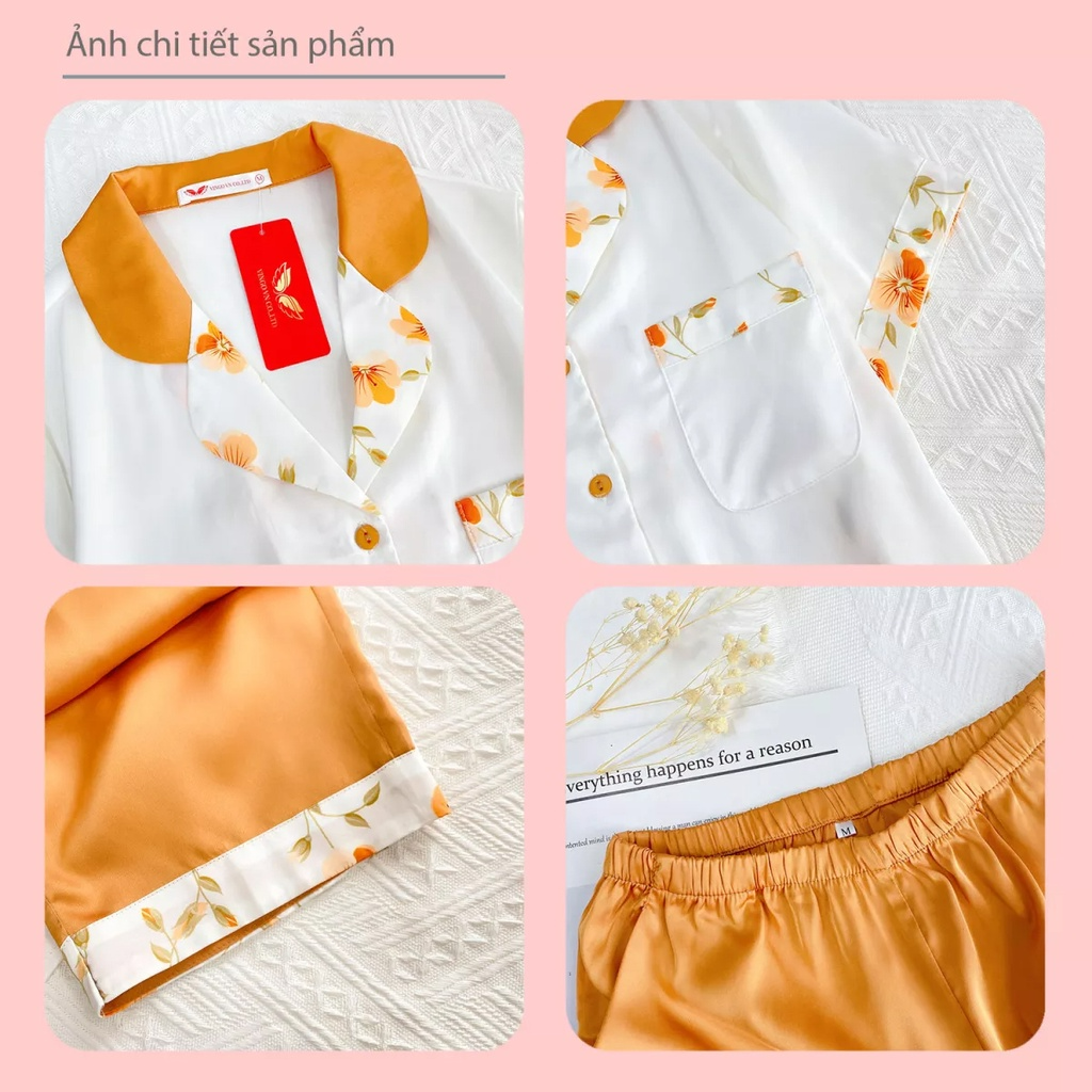 Đồ bộ nữ mặc nhà Pijama VINGO lụa Pháp tay ngắn quần lửng phối viền hoa quần màu vàng trẻ trung hiện đại H810 VNGO