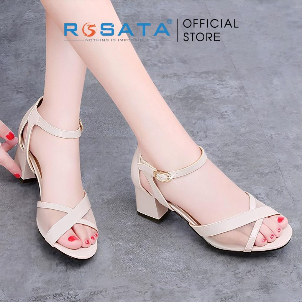 Dép nữ ROSATA RO364 giày xăng đan cao gót 4 phân đi làm thanh lịch quai lưới gót trụ vuông - Đen
