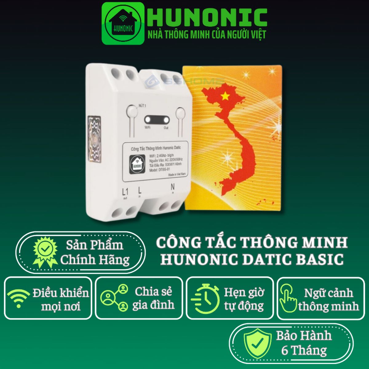 Công Tắc Thông Minh WiFi Hunonic Datic Basic 500W DTBS01, App Tiếng Việt, Điều Khiển Từ Xa Trên Điện Thoại qua WiFi/4G