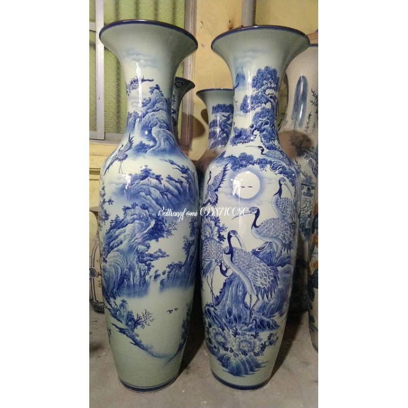 Lọ lộc bình bách hạc quần tùng men Lam 1m4