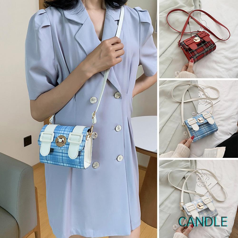 Túi đeo chéo bằng da mini họa tiết kẻ ô xinh xắn
