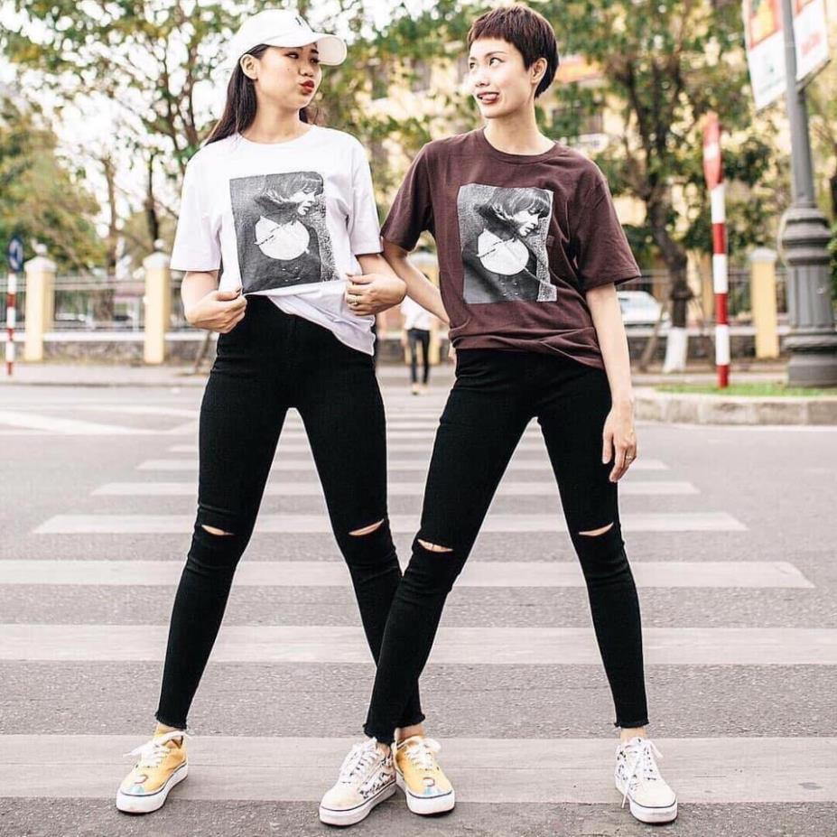 Quần jean nữ đen rách gối tua chân thời trang