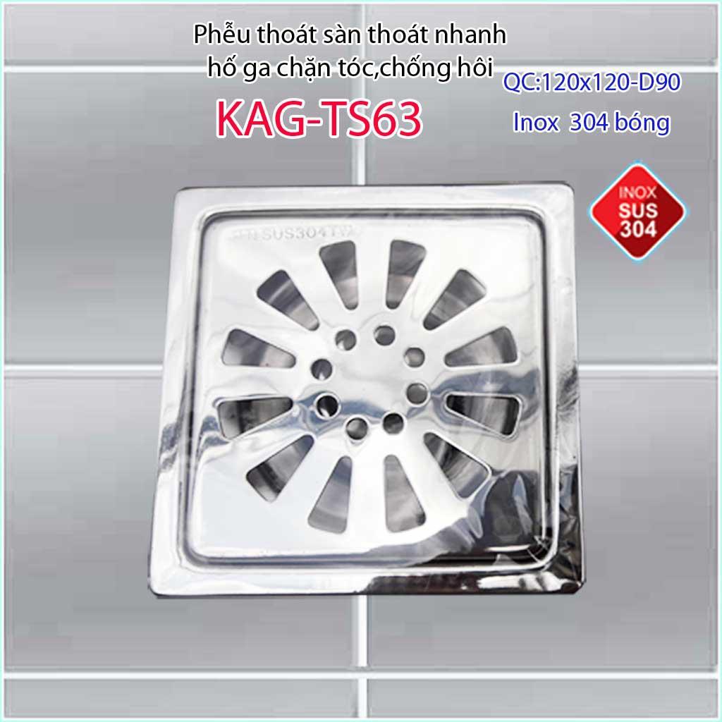 Phễu thoát sàn 12x12cm KAG-TS63 (D9cm) chống mùi hôi inox 304, hố ga thoát sàn 12x12cm cho ống D90mm mặt hoa cúc chống m