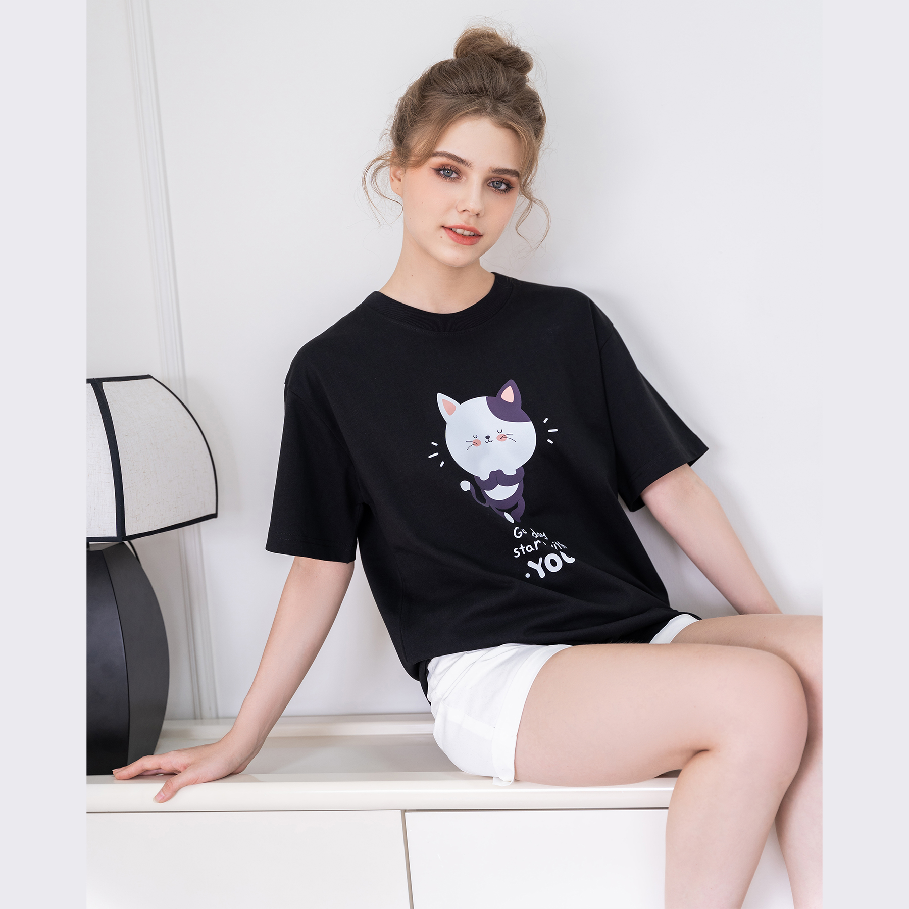Áo thun tay lỡ Hibi Sports unisex nam nữ kiểu phông, Yoga Cat ST005, vải cotton Premium, form oversize