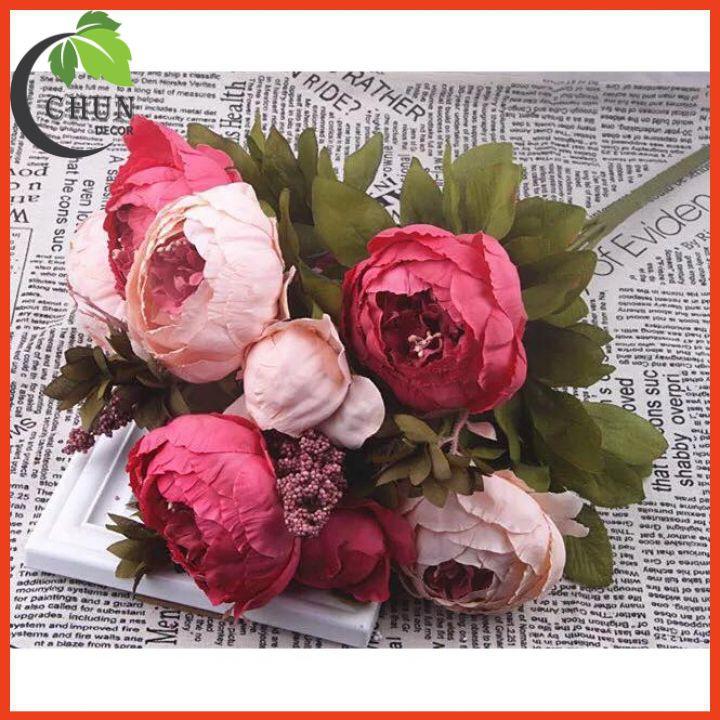 Hoa giả - cành hoa mẫu đơn Peony 8 bông cỡ lớn biểu tượng cho sự giàu sang, phú quý trang trí nhà cửa, văn phòng