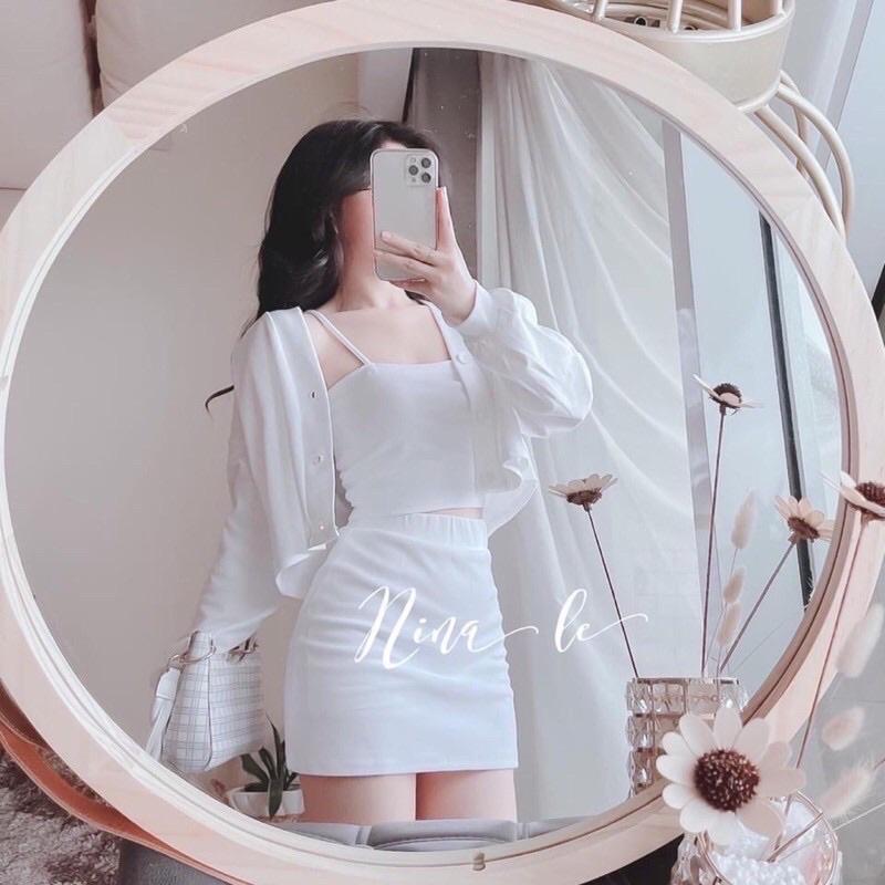 Set áo dây kèm khoác + chân váy ngắn