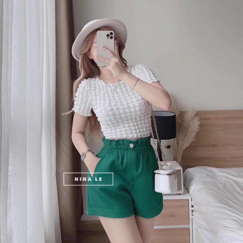 Áo vải xốp cổ tròn, áo kiểu nữ ngắn tay cổ tròn.
