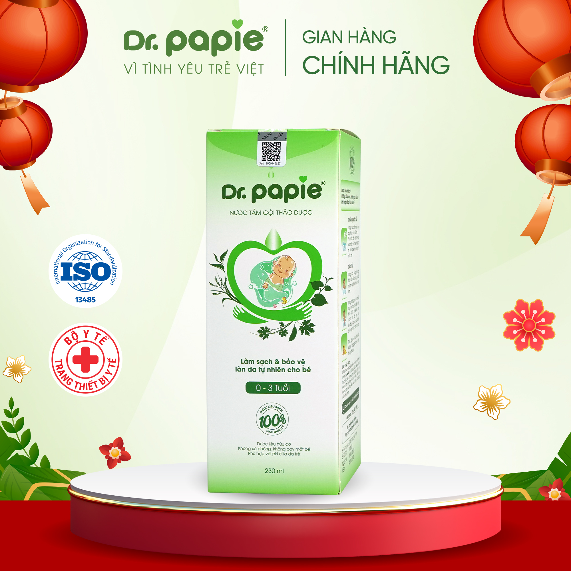 Nước Tắm Gội Thảo Dược Dr.Papie Cho Bé Giúp Ngăn Ngừa Và Giảm Các Vấn Đề Về Da – 1 chai