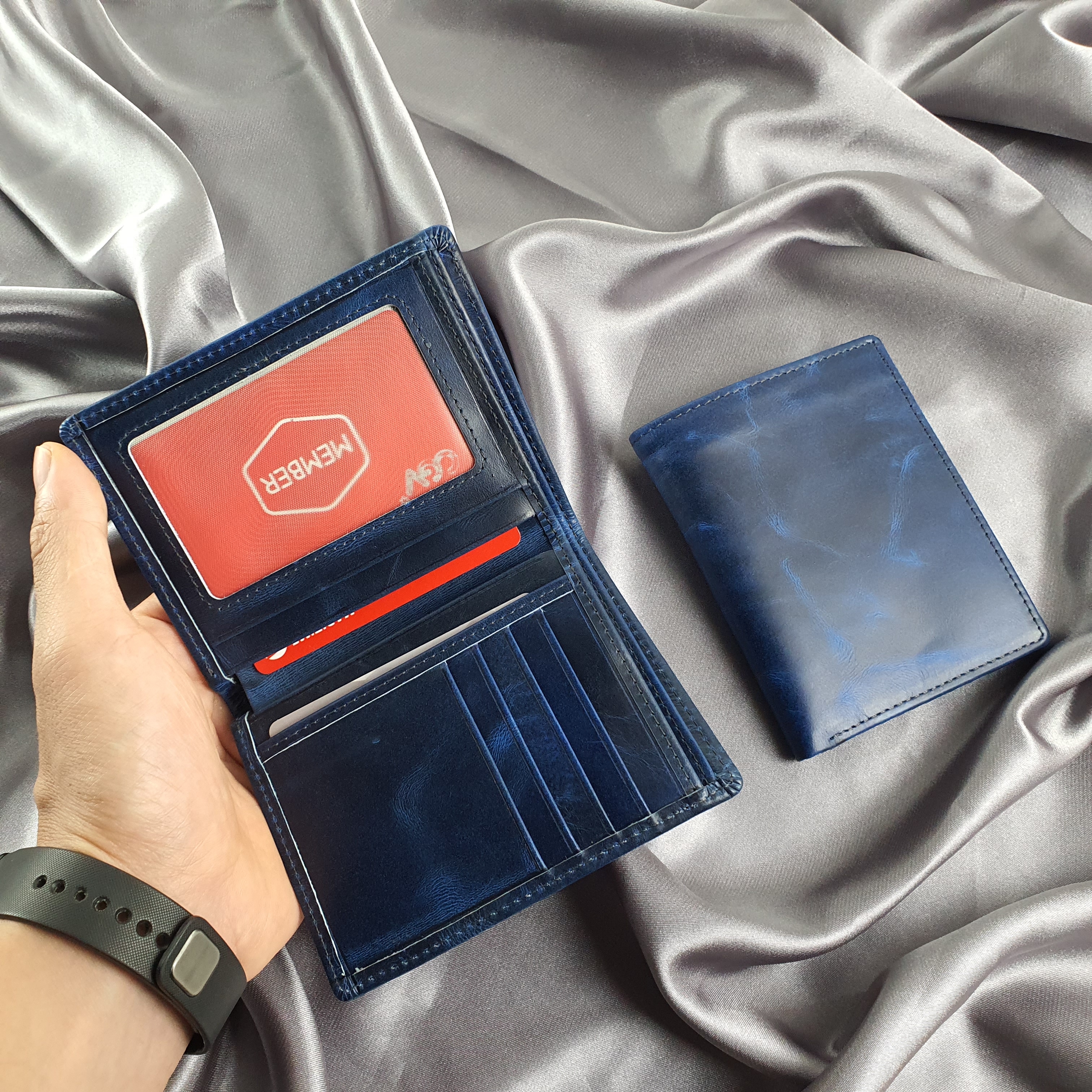 Ví da Pullup wax WS107 Xanh Navy - 100% da bò thật, BH 3 năm