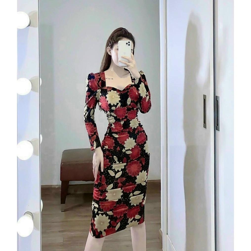 Đầm body dài nhún sườn hoạ tiết hoa kèm mút