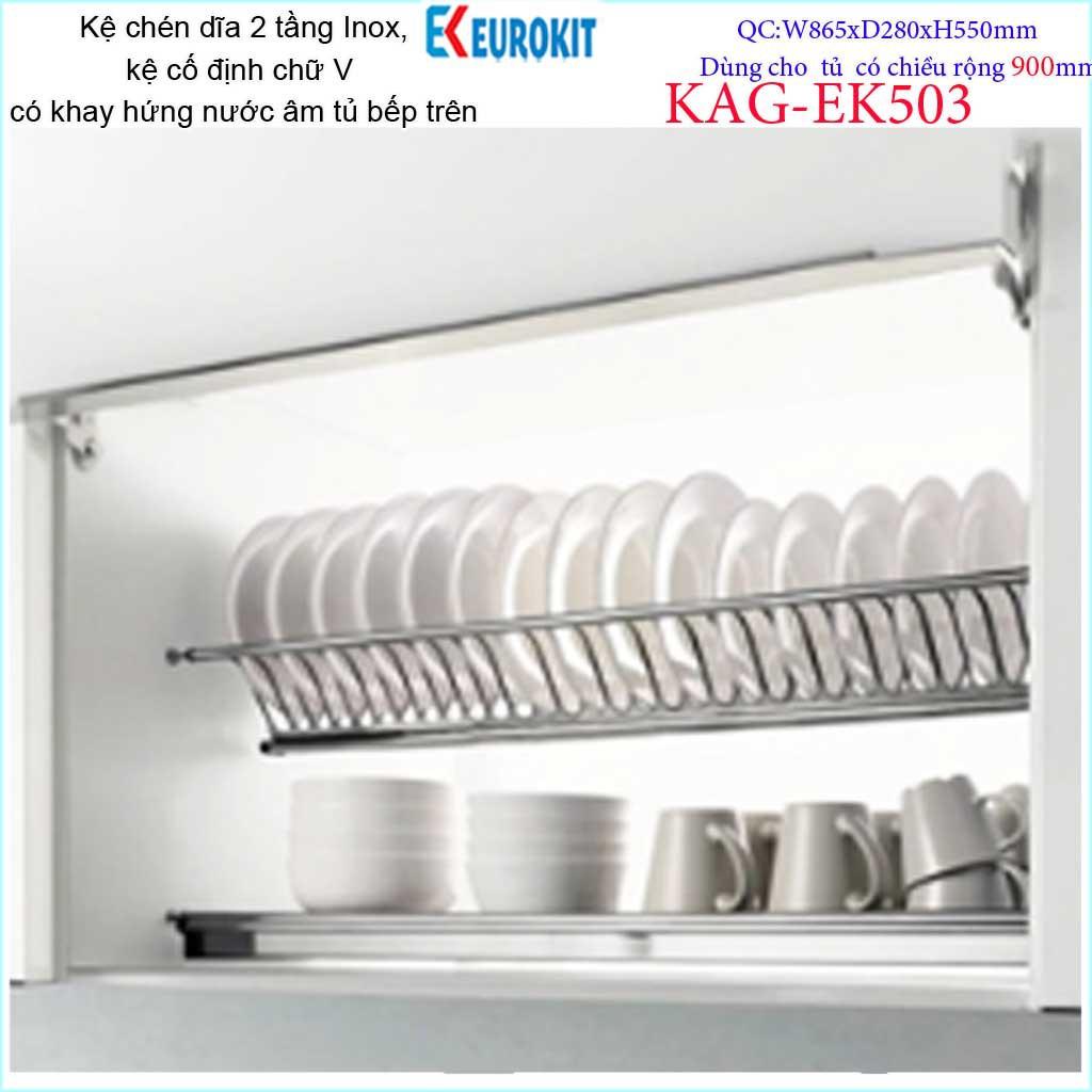 Kệ chén dĩa âm tủ chữ V KAG-EK503-90cm, Kệ chén bát 2 tầng Eurokit inox bóng cao cấp