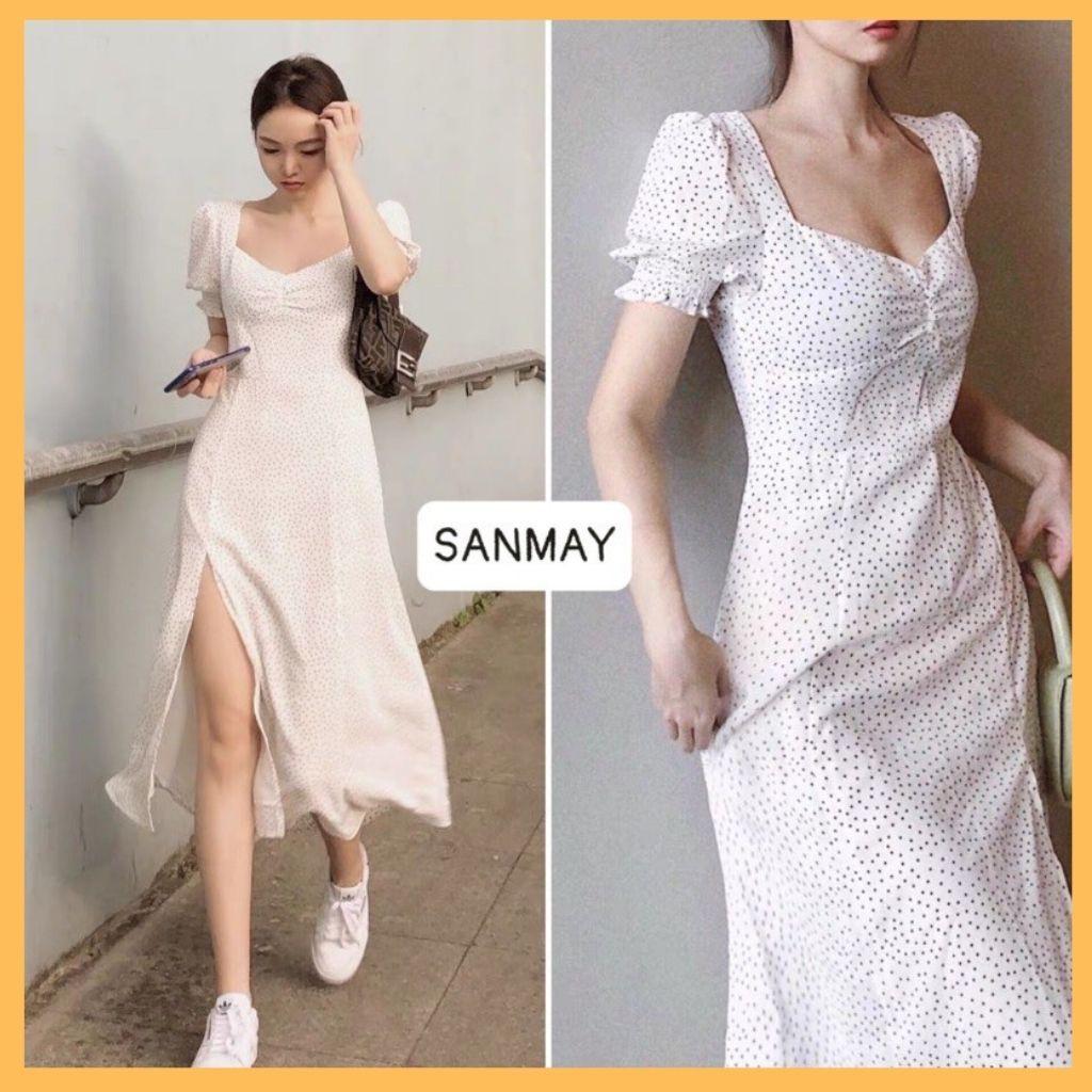 Đầm xẻ tà dự tiệc SANMAY đầm xẻ đùi ôm body dáng dài, vải lụa hoạ tiết chấm bi trắng VD120