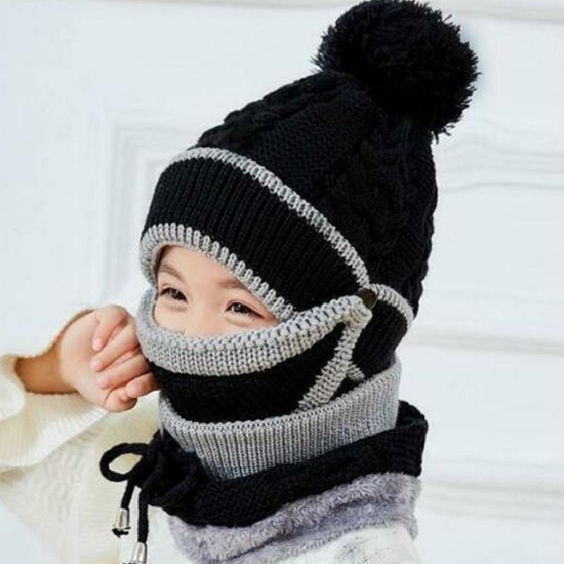 3 Mùa Đông Trẻ Em Bò Mũ Khăn Miệng Nạ Đắp Mặt Dệt Kim Bò Ấm Trang Trượt Tuyết Ngoài Trời Mũ Pompom Bé Gái Bé Trai trẻ Em Mặt Giữ Ấm