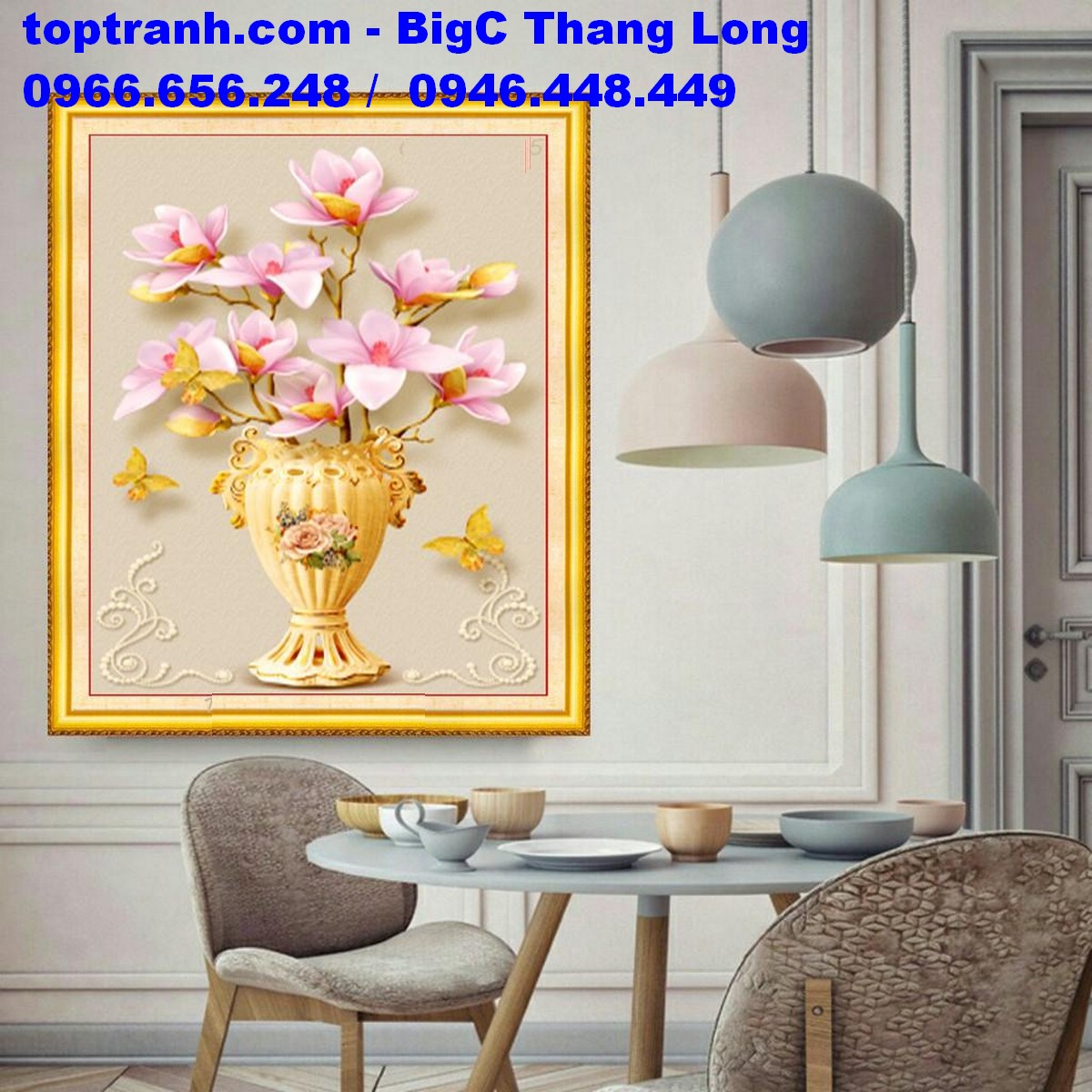 Tranh thêu chữ thập bình hoa lan hồng nghệ thuật LV3332 chưa thêu