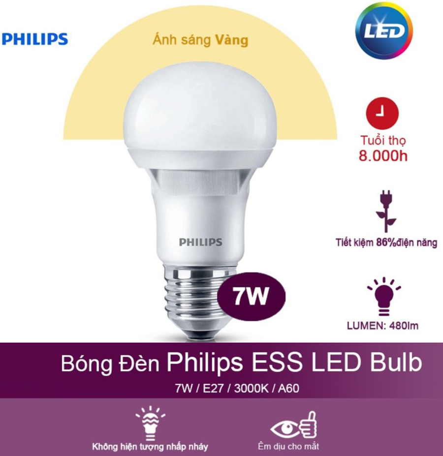 Bộ 6 Bóng Đèn Philips LED Essential 7W 3000K E27 A60