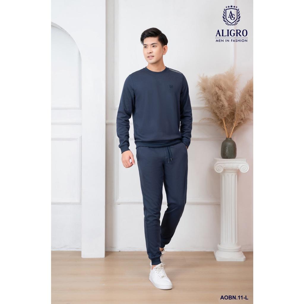 Bộ nỉ nam dài tay ALIGRO cổ tròn chất liệu nỉ 100% cotton form slim màu navy ALGBN.11