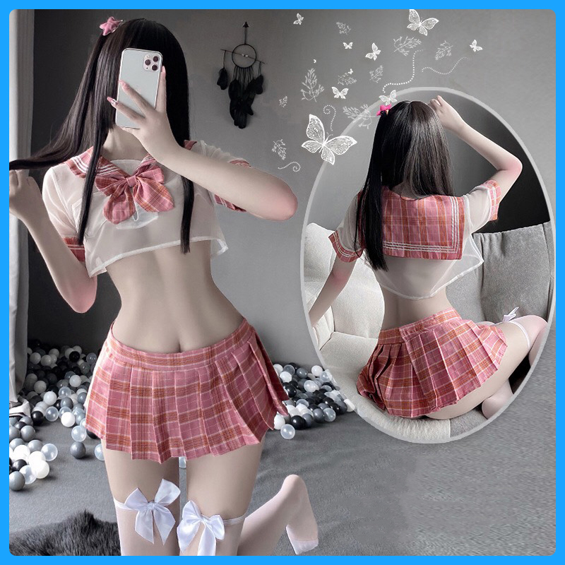 Đồ ngủ cosplay hóa trang học sinh áo sơ mi xuyên thấu kèm chân váy sexy BT6225 - Đầm ngủ  - Váy ngủ