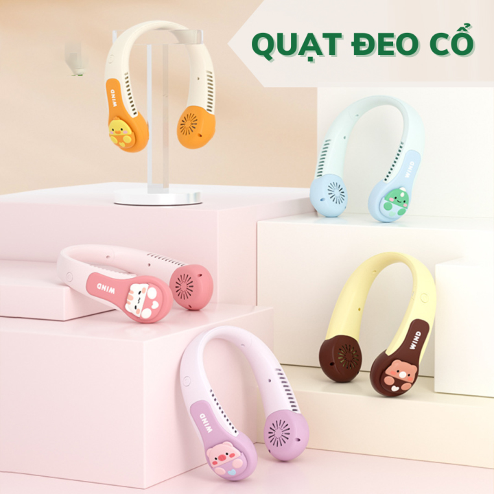 Quạt mini đeo cổ họa tiết hoạt hình, thiết kế không cánh, rảnh tay khi hoạt động, vận động, dự sự kiện ngoài trời cho nam và nữ, dễ sử dụng và mang đi mọi nơi