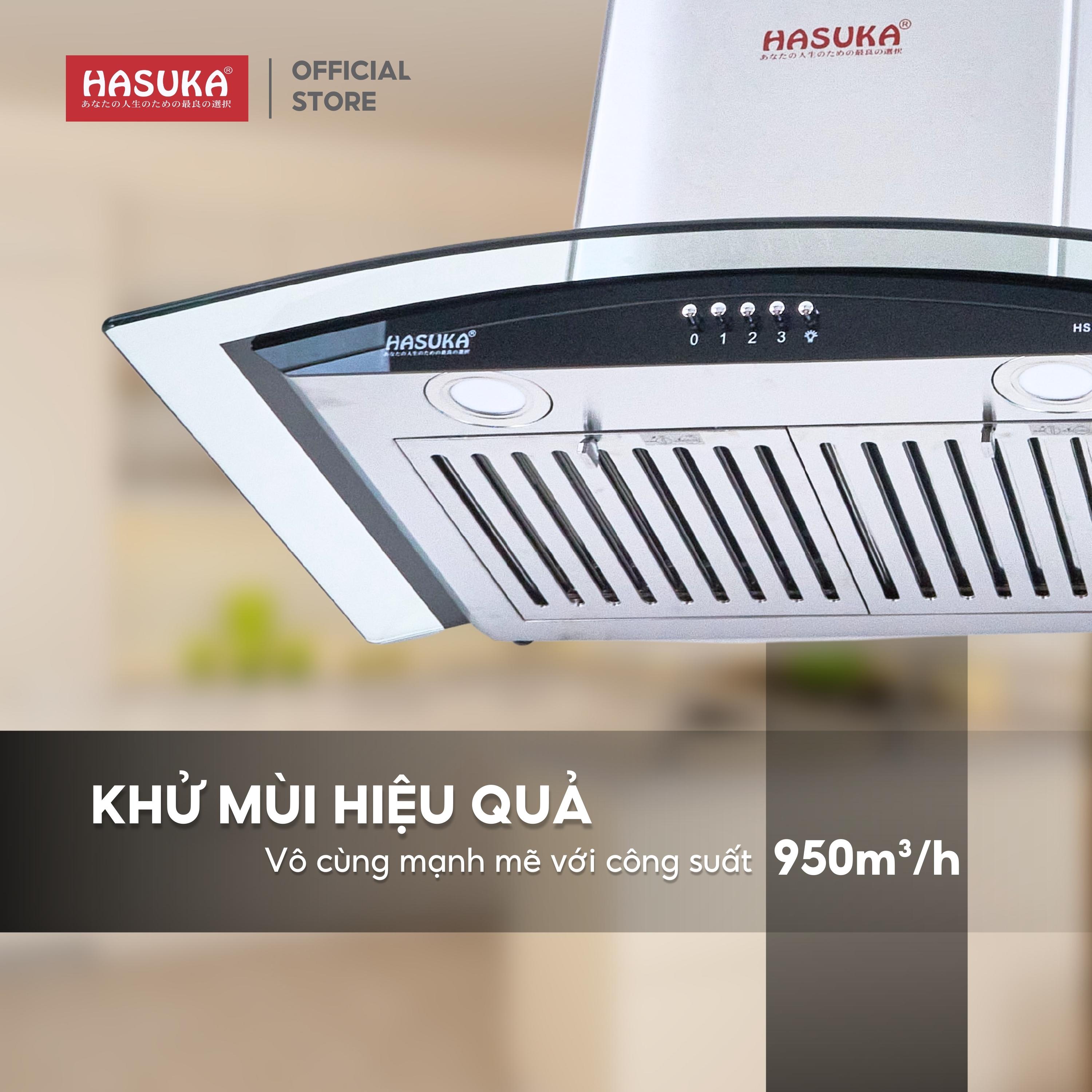 Máy hút mùi cơ kính cong lưới inox HASUKA HSK-777IN - hút và khử mùi với công suất 950m³/h, nút bấm điều khiển cơ - HÀNG CHÍNH HÃNG