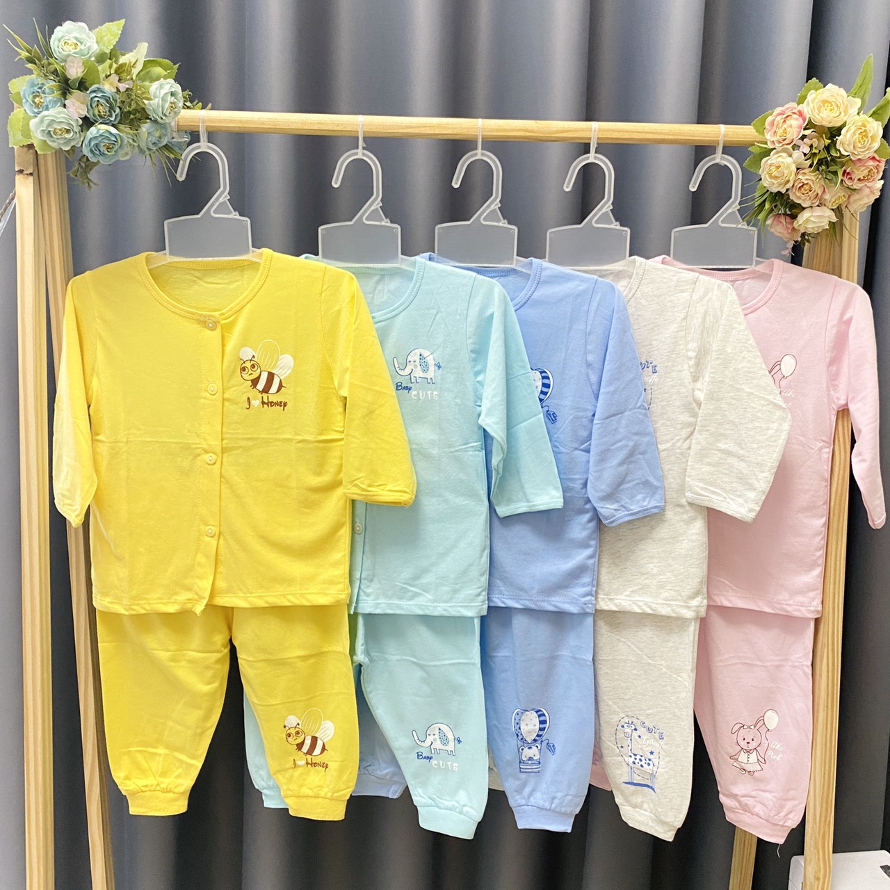 Combo 3 Bộ áo quần sơ sinh cotton Thái Hà Thịnh | Mẫu Tay Dài Cài Nút Giữa | Size 1,2,3,4,5 cho bé sơ sinh -12kg| Chất vải mềm, mịn, đẹp