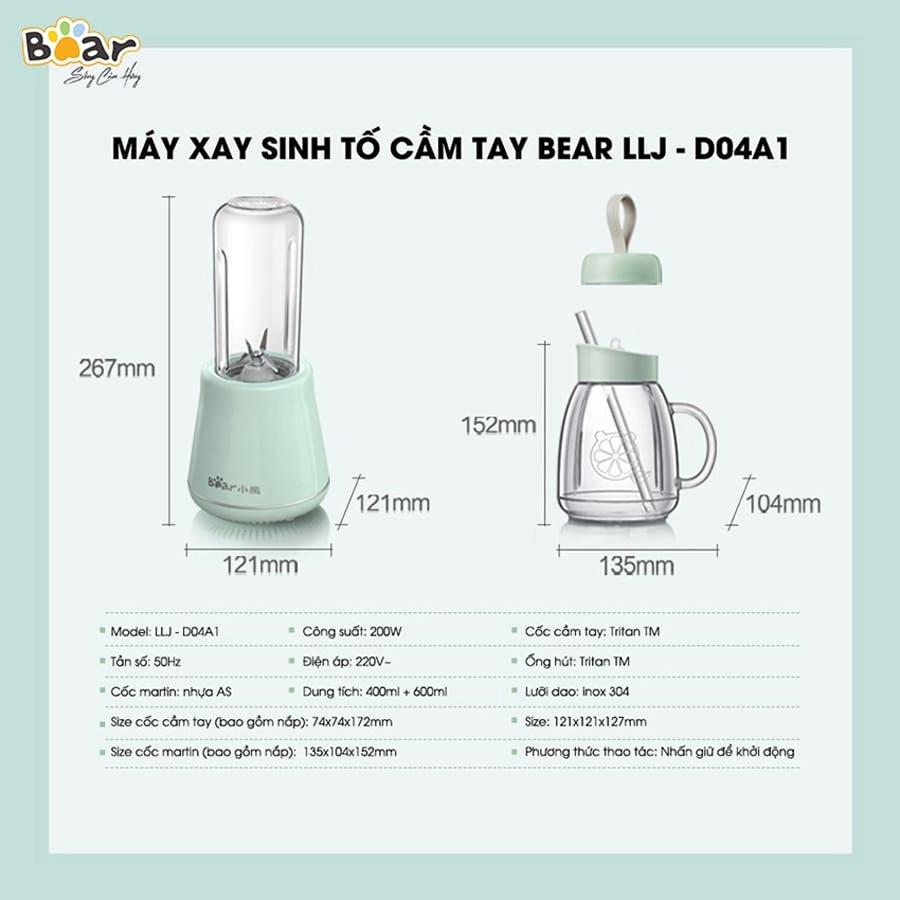 Máy xay sinh tố cầm tay Bear 2 cối xay, công suất lớn, dao 4 lưỡi thép không gỉ, Anh Lam Store - Hàng nhập khẩu