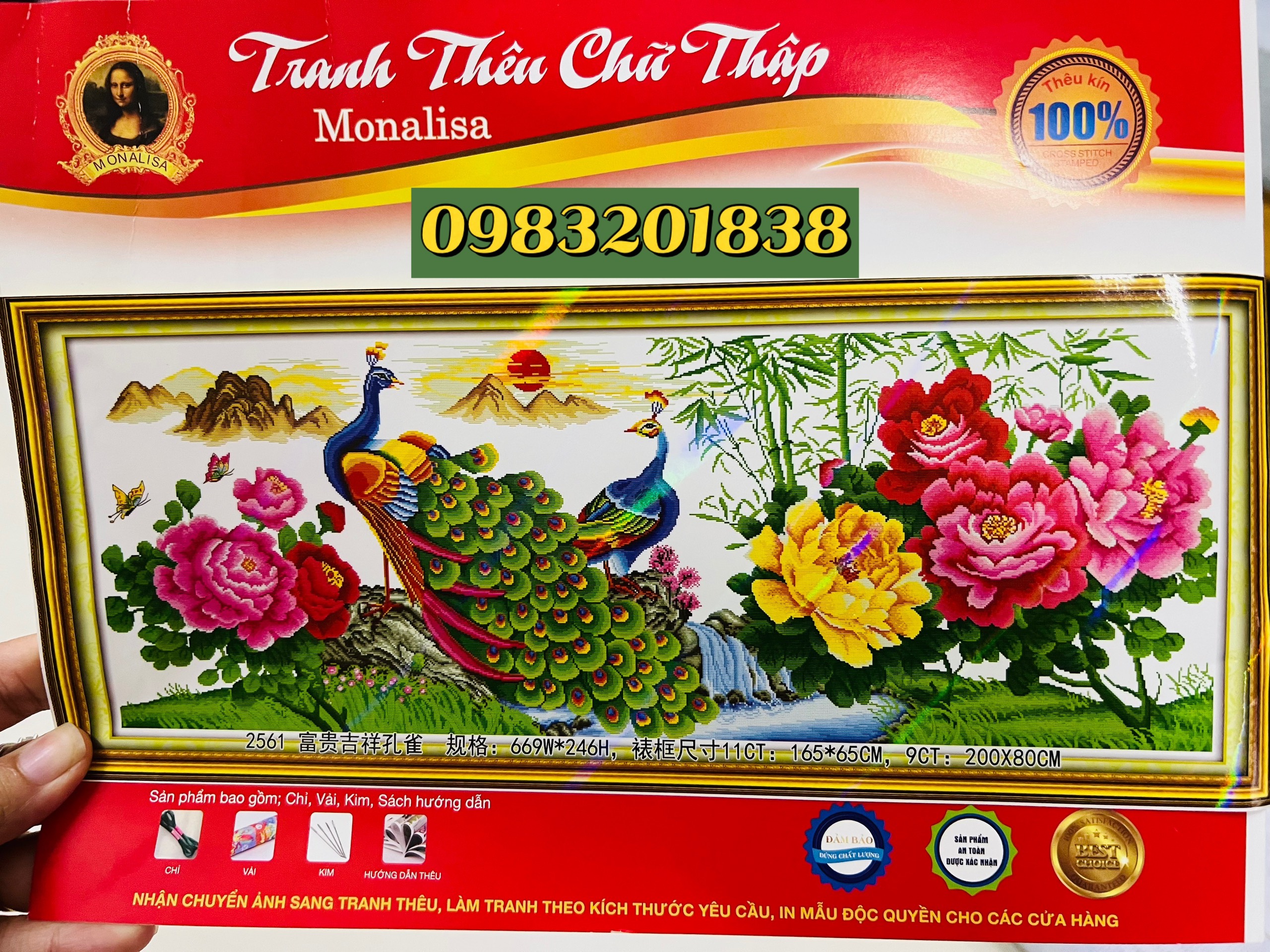 Tranh thêu chữ thập đôi công và hoa mẫu đơn 2561, kích thước 165*65 cm