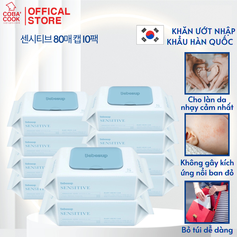 Combo 10 Gói Khăn Ướt Bebesup Sensitive 80 Tờ Hàn Quốc Thương Hiệu Bebesup