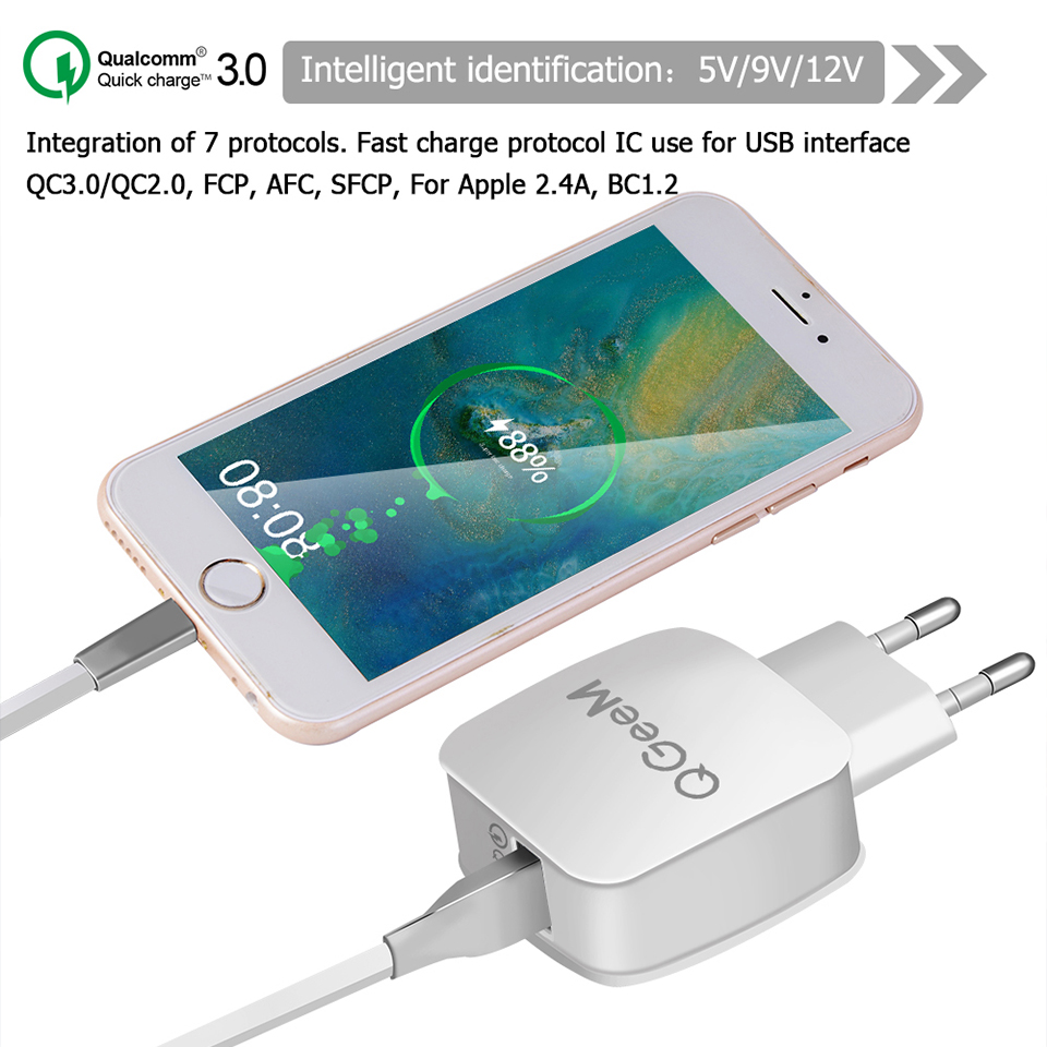 Củ sạc nhanh QGeeM 1 cổng USB hỗ trợ Quick Charge 3.0 cho iPhone EU plug 18W Adapter chuyển đổi sạc nhanh dành cho Samsung Xiaomi Huawei-Hàng chính hãng