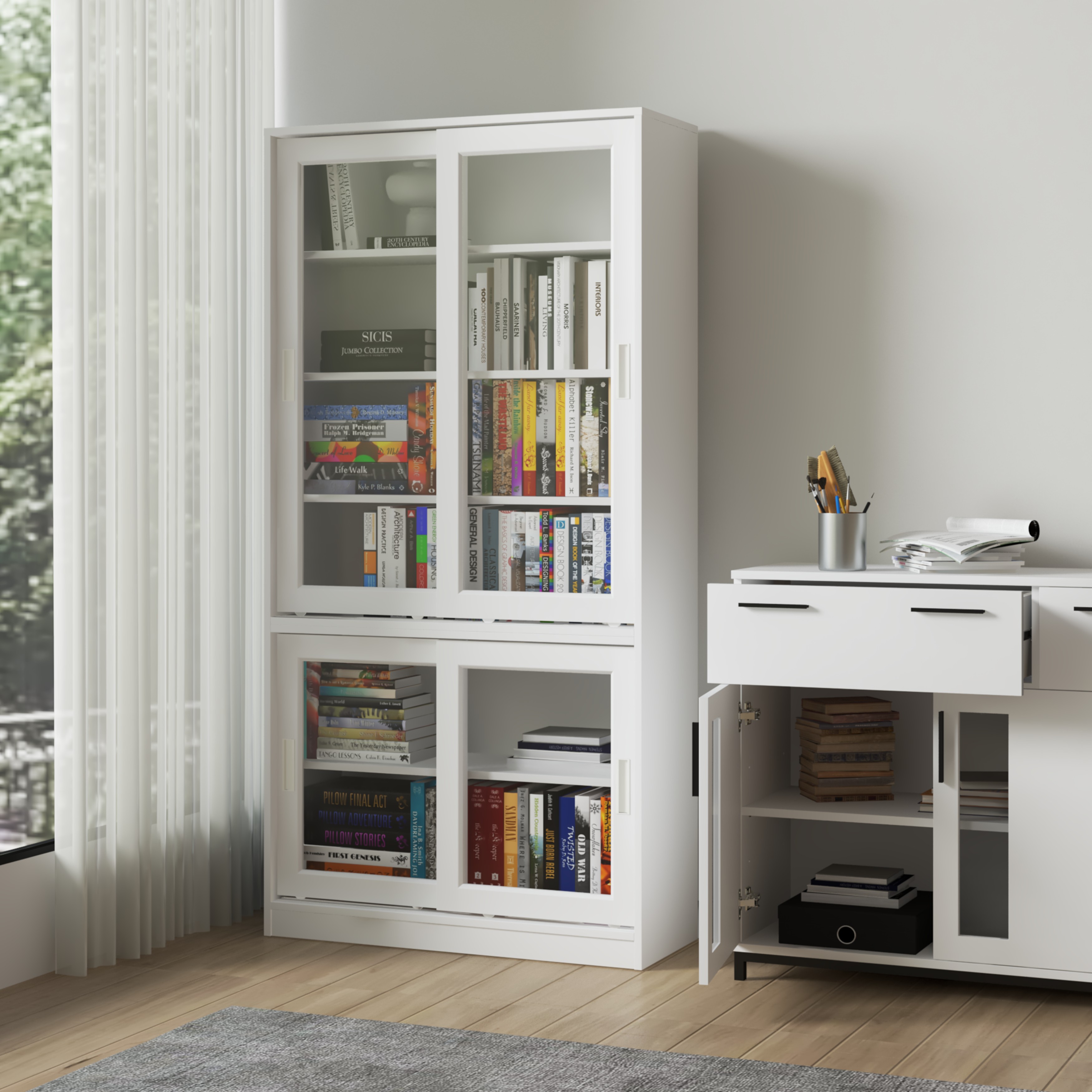 [Happy Home Furniture] LUCA, Tủ sách 4 cánh lùa, 90cm x 35cm x 180cm ( DxRxC), TCL_012
