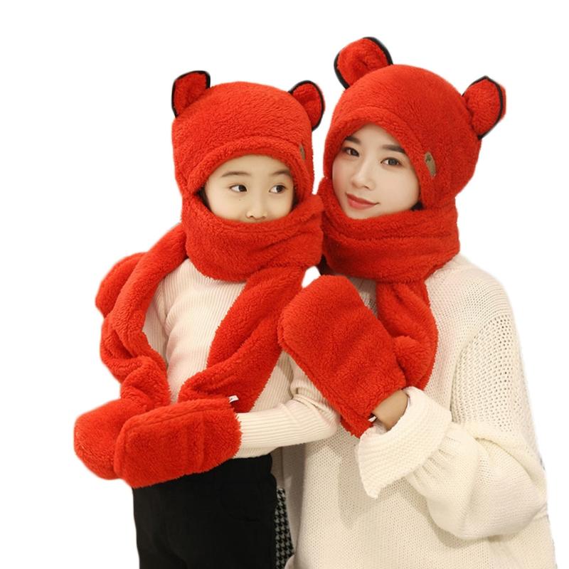 Cha Mẹ-Con Họ Phù Hợp Với Mùa Đông 3 Trong 1 Khăn Mũ Găng Tay Mẹ Trẻ Em Dễ Thương Tai Gấu Mùa Đông Xòe Sang Trọng áo Hoodie Earflap Beani