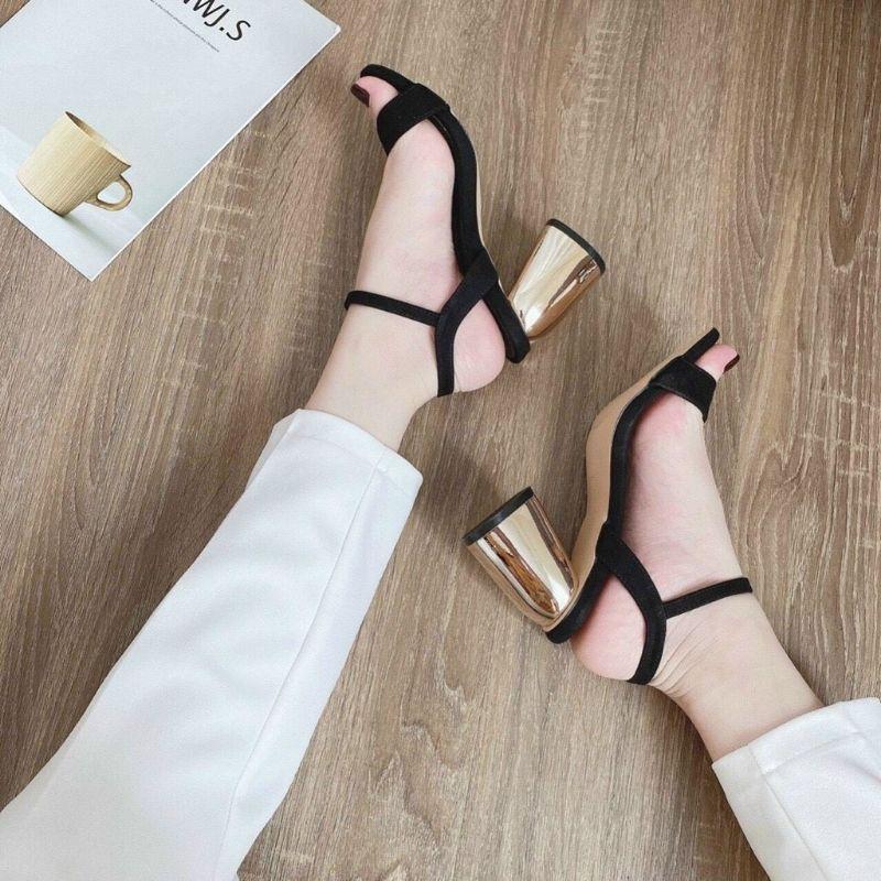 SANDAL HC QUAI NGANG NỈ GÓT TRỤ VÀNG TO - 7P